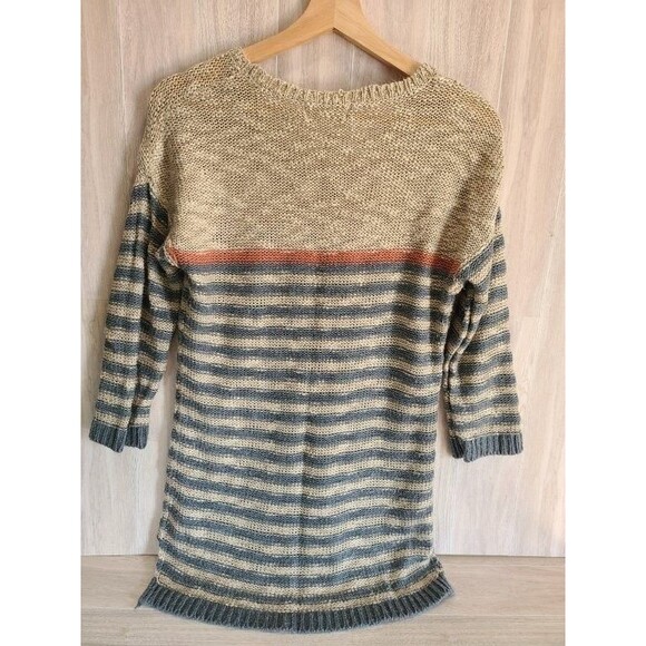 Pink Rose Striped Sweater L Loose Knit 3/4 Sleeve Pullover Beige Blue Rust Acryi - Picture 2 of 8